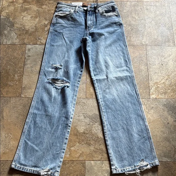 Judy Blue Distressed Straight Leg Jeans - Light Blue Rigid front - Picture 1 of 13